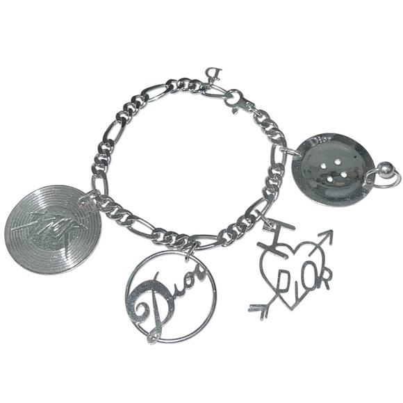AUTH VTG Christian Dior Silver Figaro Chain Link Large Logo Charm Bracelet - Picture 10 of 16